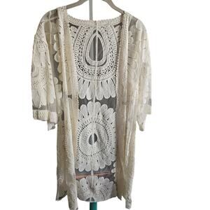 Cream Ivory Embroidered Kimono M – Boho Lace Crochet Duster Cover Up Festival
